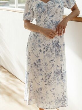 Baltic Born White Midi Dress with Blue Floral Print
